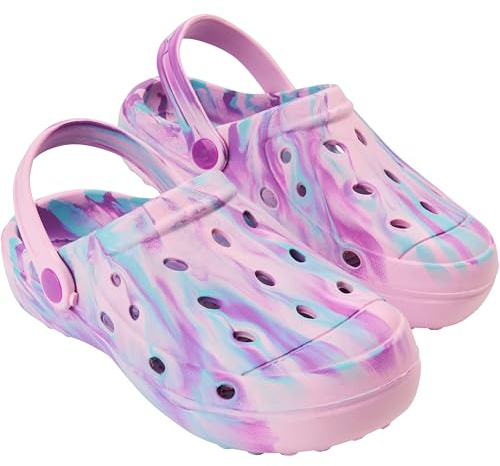 CityComfort Clogs Kinder Hausschuhe Bequeme Sommer Pantoletten mit Riemchen für Garten Freizeit Schule Geschenk für Mädchen (31/32 EU, Lila Tie Dye)