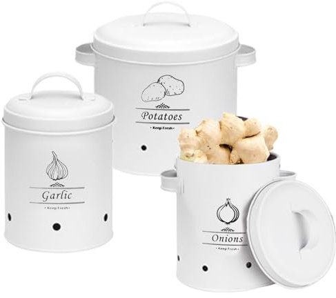 Conservazione di verdure da cucina, Conservazione di cipolle di patate, Barattoli da cucina, Pentole da cucina vintage, Pentole per verdure da cucina, Contenitori bianchi per cipolle, Barattoli di