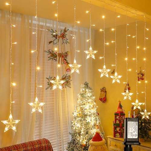 Woohaha 118LED Star Icicle Lights,11.5 FT Window Curtain Light Plug in,8 Modes Timer Hanging String Lights,Warm White Star Christmas Lights for Bedroom,Indoor Outdoor,Party,Wedding,Ramadan Decorations