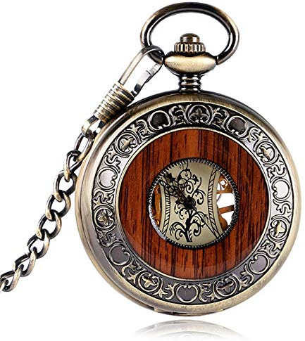 KWMAEEUID Mechanische Taschenuhr mit Kette, Retro-Holz-Kreis-Design, mechanische Taschenuhr mit Handaufzug, Herren- und Damen