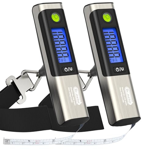 Dr.meter digital bagagevåg med måttband, praktisk bagagevåg digital med krok (50 kg/110 lb) 2 stycken med LCD-display och överbelastningslarm. Integrerat måttband för resor inklusive batterier