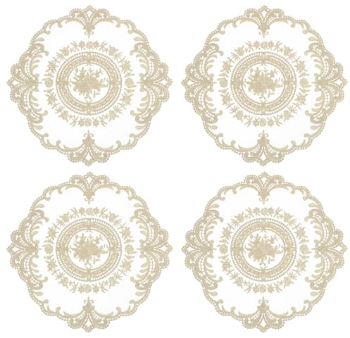 QUARKZMAN 4Pcs Tovagliette Vintage In Pizzo, Centrini All'uncinetto Francesi Rotondi Ricamati Cavi Per Vaso Tovaglietta Per Tavolo Da Pranzo Cucina Feste 28x28cm, Marrone Puro