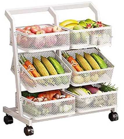 Carrello portafrutta e Verdura da Cucina con Ruote, Bianco, ripiano portaoggetti a 3/4 Livelli con cestini in Rete Rimovibili, espositore Mobile per Snack in Metallo (3 Livelli)