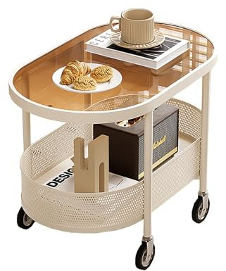 SLDAGe Glas-Beistelltisch Multifunktionaler mit Rädern,Couchtisch Beweglicher mit Aufbewahrungstisch,Nachttisch mit Metallrahmen,Ovaler Tisch für Wohnzimmer,Schlafzimmer,Büro,White1,60x40x55cm
