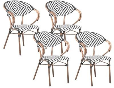 Beliani Französischer Gartenstuhl 4er Set Polyrattan schwarz/weiß mit Armlehnen Caspri