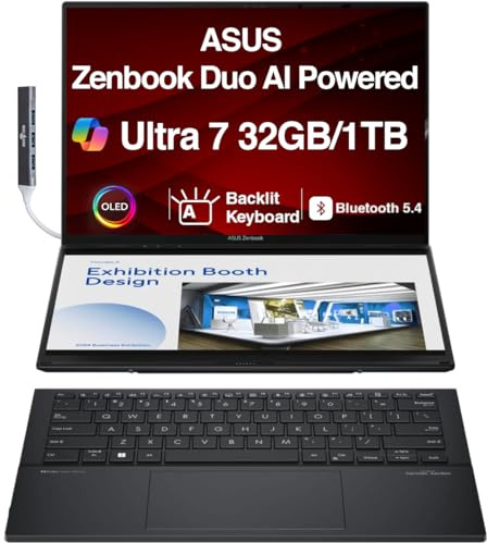 ASUS Zenbook Duo AI Powered 2-in-1 Laptop 14.0 Touchscreen OLED 2.8K Display (Intel Ultra 7-255H, 32GB LPDDR5X, 1TB PCIe SSD, Backlit KB, 2 Thunderbolt 4, WiFi 7, Win 11 Pro) w/DKZ USB Port Expander