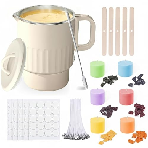 OKYUK Kerzen Selber Machen Set mit Wachsschmelzer, 1000ml Wachsschmelztopf mit Ausgießer, 6 Kerzenfarben, 60 Kerzendochte, 100 Dochtaufkleber, Dochthalter & Rührlöffel, Candle Making Kit