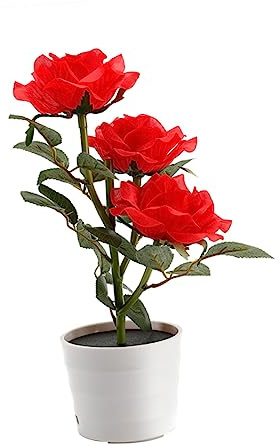 DECOMELODY Lampada Solare a Led a Forma Di Rosa Per Esterni, Luce Decorativa Per Giardino e Camera, Illuminazione Notturna Con Vaso Di Rose Artificiali Rosso, Senza Cavi e Ad Energia Pulita