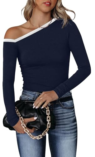 BONITEE One Shoulder Long Sleeve Top for Women Dressy Casual Boat Neck Slim Fit Blouse Date Night Going Out Shirt Navy Blue M