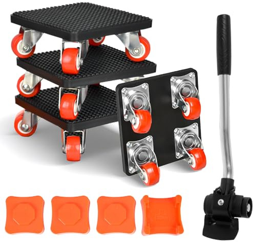 Möbel Transportrollen Set, Schwerer Möbeltransporter mit Verlängerungsstange und 4 Möbelroller, 360 Grad Drehbar möbel Transportroller, Möbelrollen Schwerlast mit Möbelheber für Schwere Möbel