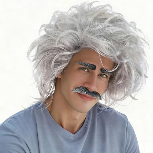 Einstein Perücke, Albert Einstein Kostüm Accessoires mit Schnurrbart Augenbrauen, Opa Perücke Graue, Verrückter Wissenschaftler Kostüm Zubehör für Karneval, Mottoparty