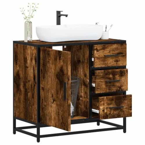 IBUQDDV Mobile Lavabo Bagno con Struttura Metallo Rovere Fumo, Mobiletto Truciolato Resistente Umidità 60kg, Design Industriale Retro con Piano Appoggio e Ampio Spazio Portaoggetti