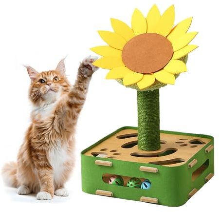 Yurosuis Katzen Spielzeug | Futterball Mit Sonnenblumen Design | Bereicherungskratzer Mit Kippsicherem Standfuß - Für Haustiertraining Und Mentale Beschäftigung
