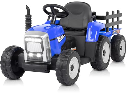 LALAHO 12V Traktor mit Anhänger,Kinder Aufsitztraktor | LED Lichtern,Musik,Hupe & USB Funktionen,abnehmbarem Anhänger