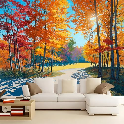Jaune Papier Peint Intissé Mural 250 x 175 cm, Moderne Chemin Forêt Soleil Motif Muraux Geant Poster Personnalisable Wallpaper pour Salon Cuisines Bureau Chambre d'enfants Décor