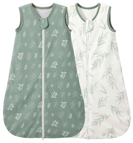 Duomiaomiao Baby Schlafsack Sommer 1.0 Tog-100% Baumwolle 2er Pack Sommerschlafsack Herbst Babyschlafsack 100 cm für Mädchen Jungen Neugeborene 18-36 Monate (Grüne Blätter)