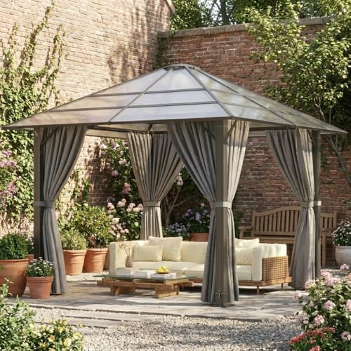JUMMICO Tonnelle de Jardin Extérieur 3x3m en Aluminium Robuste et Imperméable ｜ avec Parois Latérales ｜ Toit Transparent Anti-UV ｜ Pergola pour Cour, Jardin, Terrasse et Plus Encore