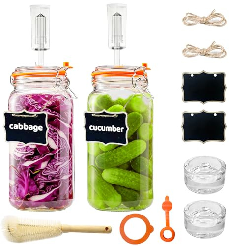 Barattoli per fermentazione in Vetro da 2 l con gorgogliatori e Pesi, per la Produzione di crauti, Kimchi e cetrioli sottaceto - Vasi per fermentazione