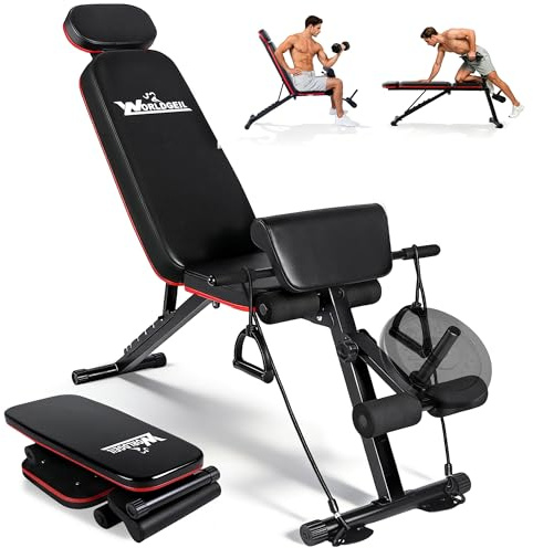 Worldgeil Hantelbank Klappbar - Multifunktion Schrägbank mit 7-Fach Verstellbar Rückenlehne & 2-Fach Verstellbare Fußstütze - Trainingsbank für Ganzkörpertraining - Fitnessbank für Zuhause
