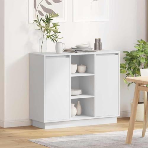 LoogCape Vit LED-ideboard 90 x 32 x 75 cm trämaterial modernt vardagsrumsskåp med infällda dörrar och förvaringsutrymme för matsal hall kontor