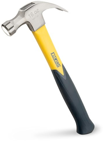 ESTWING Sure Strike Hammer - 16 oz Curved Claw Hammer with Smooth Face & Fiberglass Handle - MRF16C
