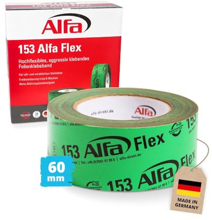 Alfa 153 Flex» - Ruban adhésif flexible haute performance, 1 pièce, 60 mm x 25 m (25 mètres) pour pare-vapeur, freins vapeur et membranes de toiture, ultra fixant et ultra flexible
