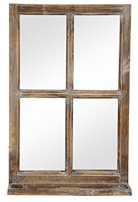 Deko-Fenster Fensterrahmen mit Ablagebrett und Spiegel im Landhausstil Holz Natur Shabby ca. 40 x 14 x 62 cm hoch