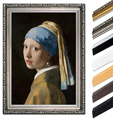 Bilderdepot24 Bild mit Rahmen - Jan Vermeer Das Mädchen mit dem Perlenohrgehänge 40x50 cm - Gerahmtes Leinwandbild Alte Meister - Antiker Rahmen Silber Barock, Klassisch