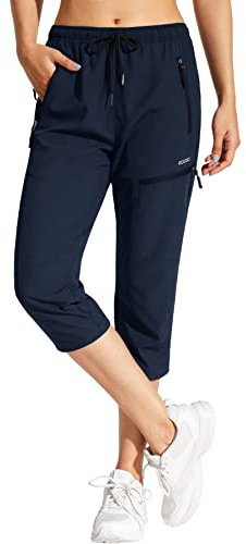 MOCOLY Pantalones Trekking Mujer Pantalón Montaña Cargo 3/4 Pantalon Senderismo Pirata Verano al Aire Libre con Protección UV con Bolsillos de Utilidad Cremallera Capri Azul Marino XXL