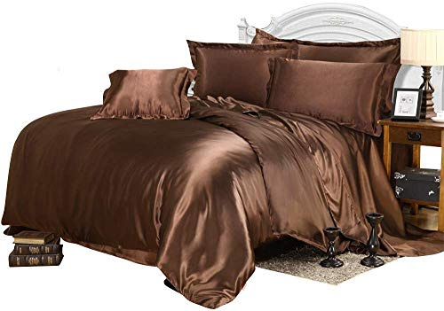 Lusso Mercato Chocolate Duvet Set Queen Size - 4 Piece Soft Silky Satin [1 Zipper Closure Duvet Cover, 1 Fitted Sheet 21 Deep & 2 Pillow Shams] Hotel Quality Wrinkle & Fade Resistant Duvet Cover Set