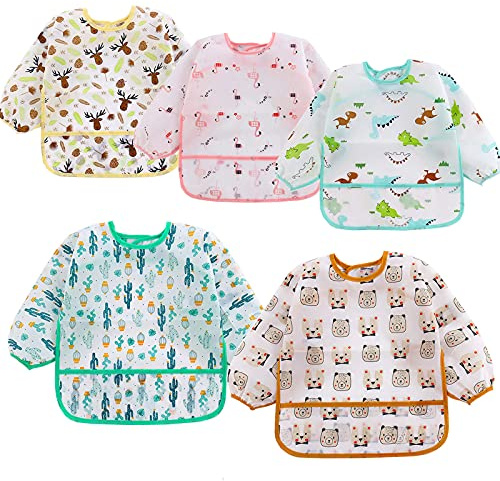 QinGuang 5pcs Long Sleeve Baby Bibs Painting Apron Slightly Waterproof Feeding Bibs for 6-36 Months