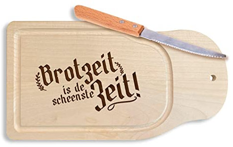 Bavariashop - Brotzeitbrett Brotzeit is de scheenste Zeit! Schneidebrett aus Ahorn-Holz, Frühstücksbrett mit Messer