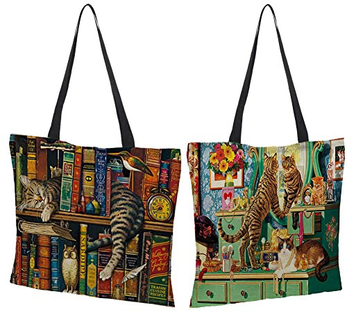 crazy bean 2 StüCk Stoffbeutel Bedruckt,Wiederverwendbare Einkaufstasche Katzenmuster-Design Leinen Tasche Hohe KapazitäT Perfekt Als Einkaufstasche 43x43cm(B)