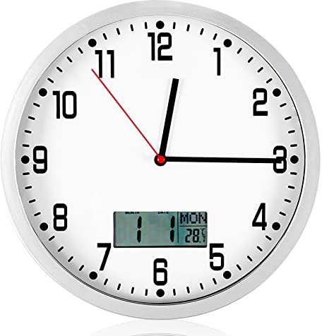 Funk-Wanduhr digital,Wanduhr, Wanduhr mit digitalem Datum, LCD Digitale Kalender Wochentag und Temperaturmesser, (rund) Heimbüro-Schlafzimmerdekoration, Wanduhr Wanduhr Temperatur Zuhause Wanduh