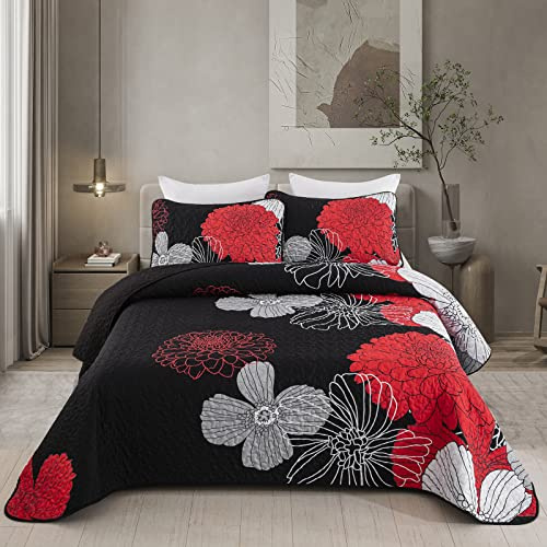 WONGS BEDDING Tagesdecke 220x240 Rot Blumen Bettüberwurf Weiche Sommerdecke Gesteppte Decke für Doppelbett Mikrofaser Bettdecke mit 2 Kissenbezug 50x75