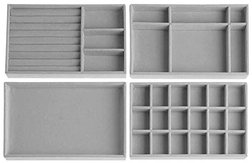 Duscdesp Lot de 4 tiroirs de rangement pour bijoux, organiseurs, boîtes à bijoux, en velours, empilables, pour boucles d'oreilles, bracelets, bagues (gris)