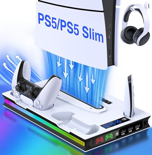 GAMSINGY PS5 Ständer mit Lüfter, Standfuß für Disc/Digital Edition, Headset Halterung/ Controller Ladestation/ Fernbedienung Solt/3 USB Hub, Zubehör für Playstation 5 Konsole