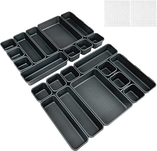 22PCS Interlocking Desk Drawer Organiser Separator Make Up Drawer Organiser Tray 3 Sizes Plastic Drawer Dividers Tidy for Office, Bathroom, Kitchen, Makeup, Stationery with 80 Non-slip Silicon Pads