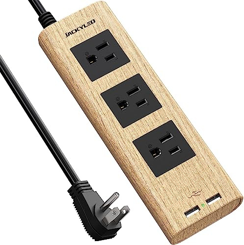 Power Strip 10Ft, JACKYLED Surge Protector with 3 Outlets and 2 USB Ports, Flat Plug Extension Cord 10 Feet, Desktop Charging Stations for Home Office Dorm Room, Light Wood Grain