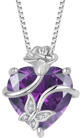 FJ Heart Amethyst Necklace for Women 925 Sterling Silver Butterfly Pendant Rose Flower Necklace February Birthstone Jewellery