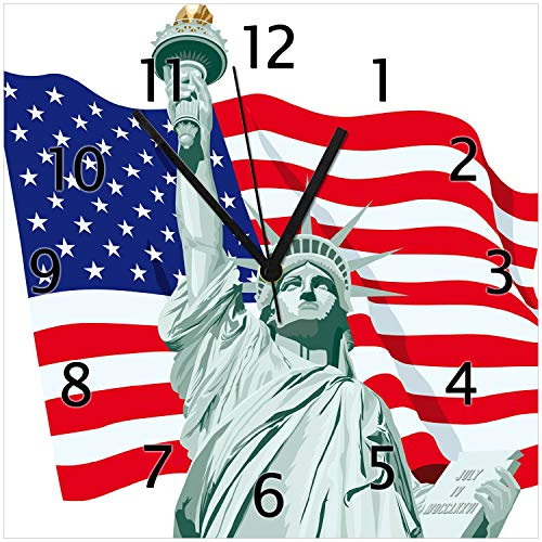 Wallario Design-Wanduhr Freiheitsstatue USA aus Glas, Motiv-Uhr Größe 30 x 30 cm, Schwarze Zeiger