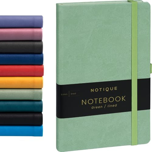 NOTIQUE Notizbuch Liniert, Hardcover Notizbuch, Notizheft, Journal, Tagebuch mit Gummiband und Stifthalter 13x21cm, 192 Seiten (Grün, Liniert)