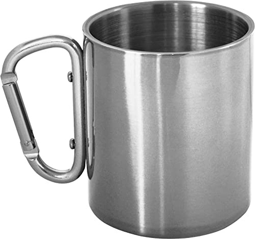 Doppelwandige Edelstahl Tasse 330 ml mit Karabinerhaken Farbe Silber