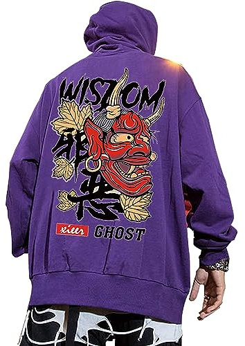 XYXIONGMAO Felpe con Cappuccio Grafica per Uomo con Cappuccio Giapponese Streetwear Oversize Nero Bianco Fantasma Hip-Hop Buono e Male, Viola, 2XL