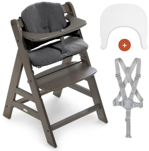 hauck Hochstuhl Alpha+ mit Tablett Click Tray und Sitzpolster - Mitwachsender Babystuhl aus Holz, Kinderhochstuhl ab 6 Monate, verstellbar - Charcoal