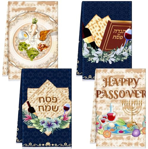 Mindsoft 4 Pcs Passover Themed Kitchen Towel 15.75 x 23.62 Inch Pesach Star of David Towel Decor Matzah Elements Jewish Seder Plate Gift for Family Home Festival Holiday Party Dining