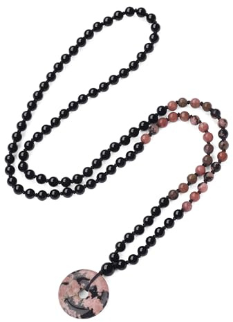 COAI Collana Rosario Uomo Donna Pietre Naturali, Collana Mala 108 Grani in Onice Opaco e Rodonite Annodate a Mano e Ciondolo Ping’an Kou di Rodonite