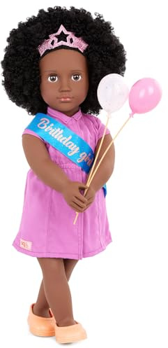 Our Generation 18-Inch Birthday Doll Kehlani with Party Accessories, Dolls | 9-piece set with doll, pink dress, sash, star headband, shoes, undies, and 2 balloons; brown eyes, curly black hair; 5+ Years