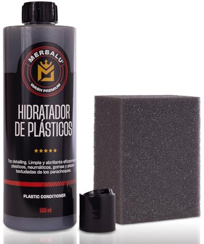 MERBALU Renovador plasticos coche Abrillantador de neumaticos Hidratador de plasticos coche y moto. Hidratador de gomas coche. Protector y brillo. Con aplicador.