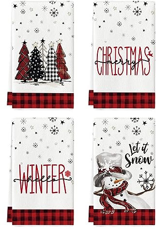 Artoid Mode Lot de 4 torchons de cuisine, en polyester, motif à carreaux de buffle, bonhomme de neige, arbres, décoration de Noël, 42 x 65 cm, flocons de neige